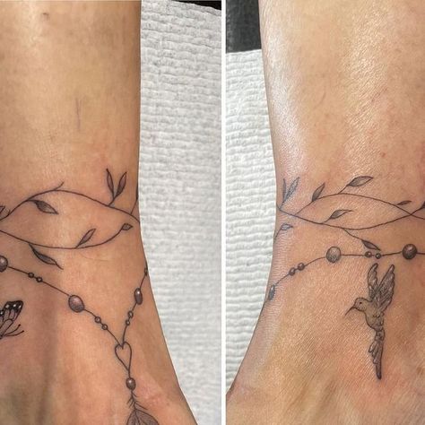 Carmen~Tattoo🖤 on Instagram: "Ankle bracelet ❤️ thank you for coming back I really appreciate it 🥺  #bracelets #tattoofineline #delicatetattoo #ankletattoo #feathertattoo" Wrap Around Ankle Tattoos, Delicate Tattoo, Feather Tattoo, Ankle Tattoo, Thank You For Coming, Ankle Bracelet, Ankle Bracelets, Tattoo Idea, Tattoo On