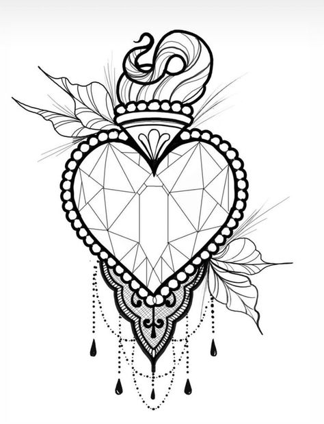 Heart Shaped Diamond Tattoo, Crystal Heart Drawing, Mandala Heart Tattoo, Sacred Heart Drawing, Diamond Heart Tattoo, Heart Tattoo Design, Diamond Tattoo Designs, Mandala Heart, Gem Drawing