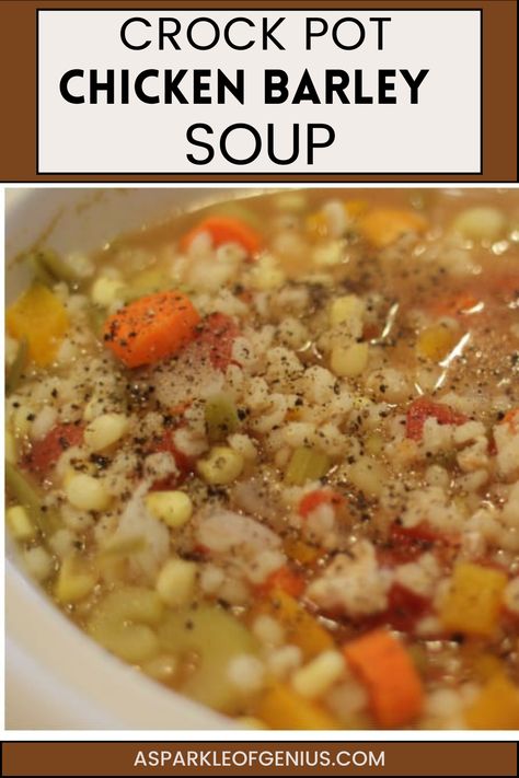 Dive into a bowl of our Crock Pot Chicken Barley Soup, brimming with tender chicken, wholesome barley, and an abundance of fresh vegetables. Slow-cooked to capture every flavor, it's the perfect nourishing meal for any season. #CrockPotRecipes #VeggiePackedSoup #ChickenBarleySoup #HealthyComfortFood Crock Pot Barley Soup, Barley Chicken Soup Recipe, Chicken Barley Soup Recipe Crock Pot, Slow Cooker Chicken Barley Soup, Crockpot Chicken Barley Soup, Chicken Barley Soup Crockpot, Barley Soup Crockpot, Chicken Barley Soup Recipe, Chicken And Barley Soup