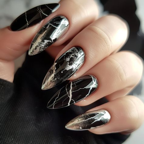 black-and-silver-nails Black Nails Silver Foil, Black Nails With Silver Foil, Black And Silver Marble Nails, Gunmetal Nails Design, Alternative Nail Ideas, Black Silver Nails Design, Silver And Black Nails, Black And Silver Nail Designs, Black And Silver Nails