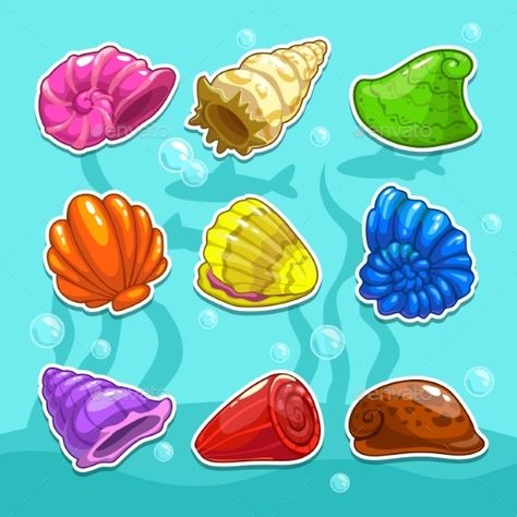 Set of cute cartoon colorful shells, vector illustration Sea Shell Cartoon, Sea Shell Illustration Drawings, Pearl Shell Illustration, Clam Shell Illustration, Seashell Digital Art, Map Game, Vector Animals, Map Games, Shell Game