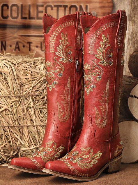 Red  Collar     Embellished   Women Shoes Colorful Cowgirl Boots, Sparkly Cowgirl Boots, Sparkly Cowgirl, Rhinestone Boots, Cowboy Boots For Women, Grad Outfits, Classic Embroidery, Womens Red Shoes, White Cowboy Boots