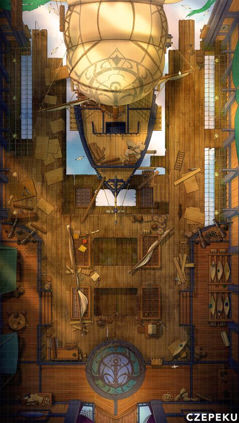 The ship is ready to depart. Where do you think this airship is heading? ⛅️ Dnd Airship Battle Map, Dnd Battle Maps Warehouse, Airship Battlemap, Airship Dnd, Dnd Airship, Fantasy City Map, Map Layout, Ship Map, Building Map