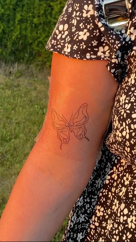 Patch Work Butterfly Tattoo, Butterfly Tattoos Fine Line, Groovy Butterfly Tattoo, Butterfly Tattoo No Shading, Fineline Forearm Tattoo Women, Butterfly Bicep Tattoo Women, Swirly Butterfly Tattoo, Butterfly Tattoo Thigh For Women, Feminine Bicep Tattoo