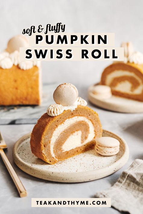 This pumpkin swiss roll is the fluffy roll cake of your dreams with a moist and airy pumpkin sponge cake, rolled with a whipped cream cheese filling, and topped with cinnamon spiced macarons. #swissroll #pumpkinroll #pumpkin #fallbaking | teakandthyme.com Pumpkin Swiss Roll, Whipped Cream Cheese Filling, Pumpkin Rolls, Pumpkin Rolls Recipe, Log Cake, Cream Cheese Eggs, Pumpkin Roll, Jelly Roll Pan, Whipped Cream Cheese