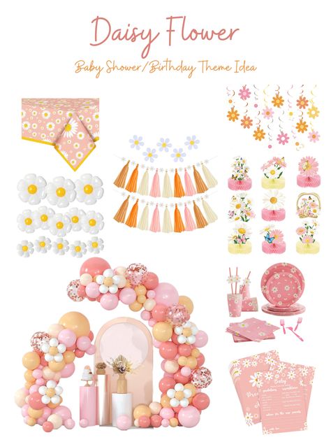 Baby Shower Girl Flower Theme, Daisy Baby Shower Theme Pink, Daisy Flower Theme Birthday Party, Daisy Theme Baby Shower Ideas, Daisy Bridal Shower Ideas, Baby Shower Daisy Theme, Flowers Theme Birthday Party, Daisy Flower Birthday Party Ideas, Daisy Baby Shower Ideas