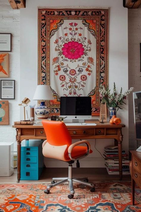 Bohemian Office Decor Ideas for a Creative Space Boho Office Space Workspaces, Bohemian Home Office, Bohemian Office, Boho Office, Comfortable Workspace, Office Decor Ideas, Office Decor Professional, Unique Furniture Pieces, Boho Design