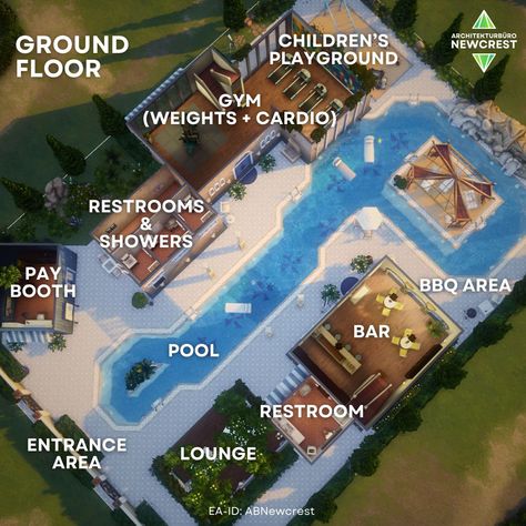 🍋 Riviera Family Pool & Gym 🍋 [swipe for floorplan] So this is the first build with the new Sims 4 Riviera Retreat kit. I will also post a reel with my favourite items from this one. 🧘 Pool type lot 🛋 Fully furnished 🍀 Functional & playtested 🏘 Basegame & Riviera Retreat ✅ No CC 📐 40x30 It's in the gallery. EA-ID: ABNewcrest 🌿 #thesims4 #sims #simstagram #showusyourbuids #sims4story Sims 4 Public Pool Ideas, Sims 4 Swimming Pool Ideas, Pool Ideas Sims 4, Sims 4 Swimming Pool, Sims 4 Public Pool, Sims 4 Resort, Sims 4 Spa Build, Pool Sims 4, Sims Pool