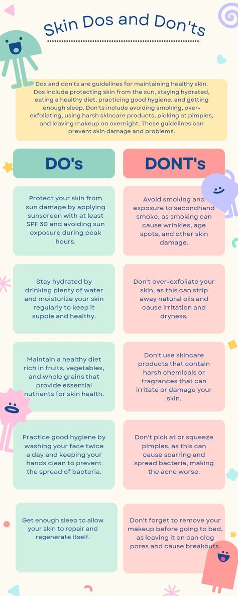 Dos and don'ts are guidelines for maintaining healthy skin. Dos include protecting skin from the sun, staying hydrated, eating a healthy diet, practicing good hygiene, and getting enough sleep. Don'ts include avoiding smoking, over-exfoliating, using harsh skincare products, picking at pimples, and leaving makeup on overnight. These guidelines can prevent skin damage and problems. #beauty #skincareroutine #healthyskin #glowingskinaturalbeauty #antiaging #clearskin #beautytips Dos And Donts Skincare, Juice For Skin, Homemade Garden Decorations, Remove Skin Tags Naturally, Good Hygiene, Collagen Fibers, Dos And Don'ts, Staying Hydrated, Learning Techniques