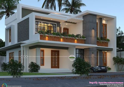 Flat roof contemporary Kerala house design Indian Village House Design, 3d Exterior House Design, House Design Front View, Indian Village House, House Degine, Flat Roof House, Kerala House, House Outer Design, Contemporary House Exterior