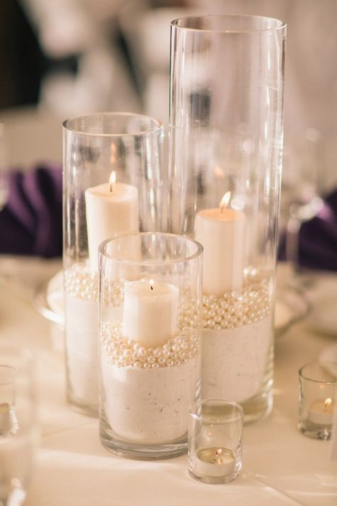 Wedding Beads Decorations, Cylinder Glass Vase Centerpiece, Pearls And Bows Party, Cheap Table Decorations, Sand Candle, Centerpieces Candles, Elegant Beach Wedding, Centerpiece Inspiration, Wedding Pearls