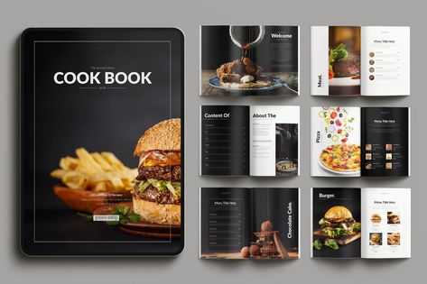 Cookbook Magazine Template, Print Templates ft. cookbook & food - Envato Cookbook Contents Page, Architecture Portfolio Template, Book Food, Recipe Book Templates, Contents Page, Cookbook Template, Pizza Burgers, Photo Album Design, Magazine Inspiration