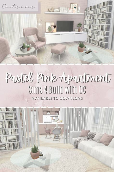 A cozy pastel pink apartment in San Myshuno built in The Sims 4 with CC. Available to download! Only Base Game + City Living! Stop Motion video on YouTube linked as well! Sims 4 Pink Living Room, Sims 4 Pink Living Room Cc, Sims 4 Base Game Cc Furniture, Sims4 Cc Furniture Living Rooms Patreon, Sims 4 Build Cc Living Room, Sims 4 Living Room Decor Cc, Sims 4 Pink Apartment, Sims Pink Cc, Sims 4 Cc Living Room Sets Patreon