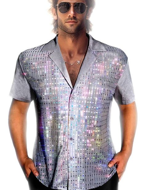 Funky Formal, Halloween Club Party, Disco Christmas, Sequined Fabric, School Auction, Black Cowboy Boots, Disco Shirt, Suit Collar, 70s Disco