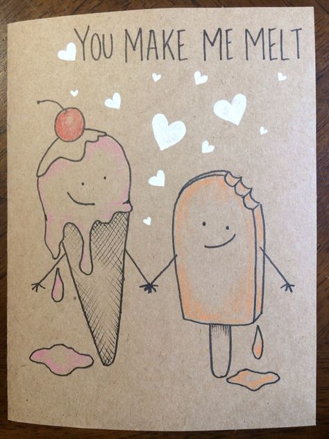 You make me melt card                                                                                                                                                                                 More Drawings For Girlfriend, Boyfriend Gift Diy, Chem Jokes, Cheesy Cards, Diy Birthday Card For Boyfriend, Present Drawing, You Make Me Melt, Pun Cards, Punny Cards