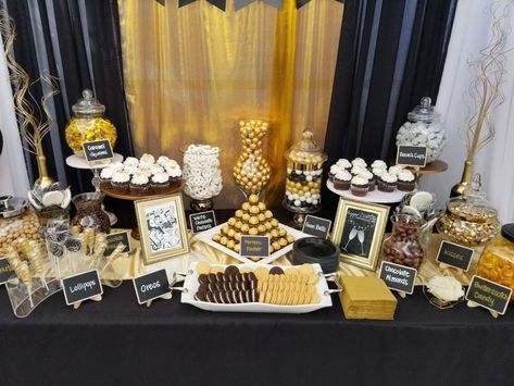 Dessert Table Ideas Black And Gold, 50th Birthday Snack Table, Desert Table Ideas Birthday Black And Gold, Black And Gold Party Dessert Table, Gold And Black Sweets Table, 50th Birthday Party Dessert Table Ideas, 50th Birthday Sweet Table Ideas, Black And Gold Candy Bar, Black And Gold Candy Table Ideas