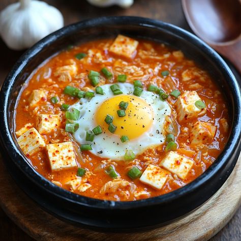 🍲 "Warm up with Korean Spicy Egg Soup—a flavorful, spicy dish that's perfect for any time you need comfort food!" 🍲🔥 #KimchiJjigae #SpicySoup Korean Spicy Egg Soup (Kimchi Jjigae) Ingredients: Kimchi (1 cup, chopped) Tofu (1/2 block, cubed) Egg (1, beaten) Garlic (2 cloves, minced) Gochugaru (1 tbsp) Soy sauce (2 tbsp) Onion (1/2 cup, sliced) Water (2 cups) Instructions: In a pot, heat garlic and kimchi until fragrant. Add water, soy sauce, and gochugaru. Bring to a boil. Stir in tofu and... Kimchi Jjigae Aesthetic, Tofu Jjigae, Kimchi Aesthetic, Tofu And Kimchi, Kimchi Soup, Kimchi Jjigae, Egg Soup, Spicy Eggs, Tofu Soup