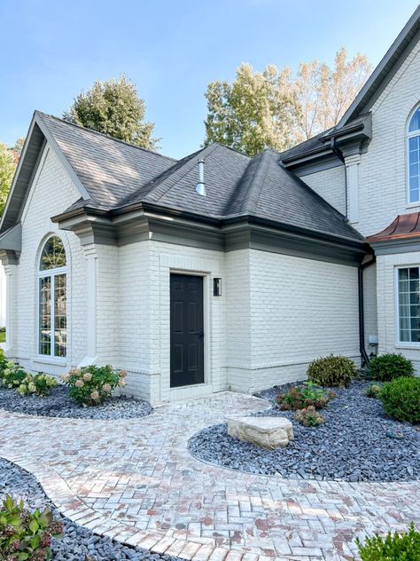 Faux Wood Garage Door, Brick Sidewalk, Brick Driveway, Painted Brick House, Home Transformation, Brick Walkway, White Wash Brick, Exterior Renovation, Brick Exterior House