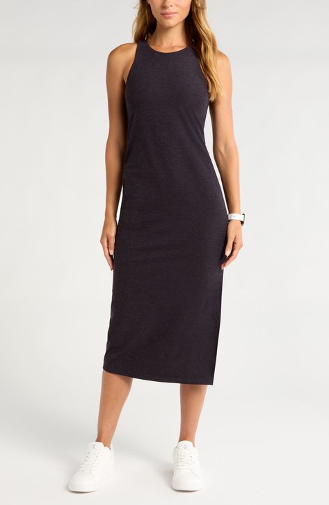 Sporty and supersoft, this mélange-knit midi tank dress features a built-in shelf bra and a figure-skimming fit that's easy to style up or down. 48 1/2" length (size Medium) Slips on over head Crewneck Sleeveless Built-in shelf bra 85% polyester, 15% spandex Machine wash, tumble dry Imported