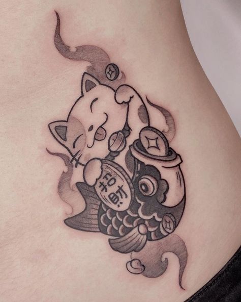 Whether you’re a cat lover or a lover of tattoos, cat tattoos are worth investigating. The human-feline relationship goes way back in time Cat Tattoo Japanese Style, Cat With Fish Tattoo, Japanese Daruma Tattoo Design, Chinese Cat Tattoo, Fortune Cat Tattoo, Japanese Cat Tattoo, Maneki Neko Tattoo, Tattoo Gato, Lucky Cat Tattoo