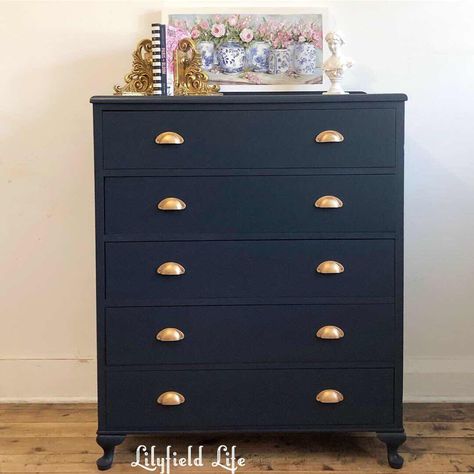 Navy Blue Bedroom Furniture, Navy Chest Of Drawers, Winter Patio, Furniture Stain, Drawers Makeover, Navy Blue Furniture, Navy Blue Bedroom, Navy Furniture, Blue Bedroom Furniture