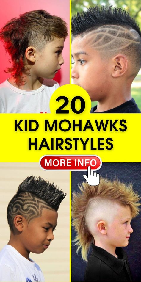 The kid mohawks hairstyles in this collection are perfect for those seeking a mix of tradition and trend. The cornrow patterns skillfully incorporated into the mohawk bring a unique twist to the classic boy haircut. Ideal for both casual and formal settings, these styles showcase skillful craftsmanship and a keen sense of style. Toddler Mohawk Haircut, Boys Hairstyles Long On Top Shaved Sides, Boy Mow Hawk, Boys Haircut Mohawk Mullet, Long Mohawk Boys, Kids Mohawk Hairstyles, Kids Mow Hawks, Toddler Boy Mohawk Haircut, Kids Hair Designs Boys