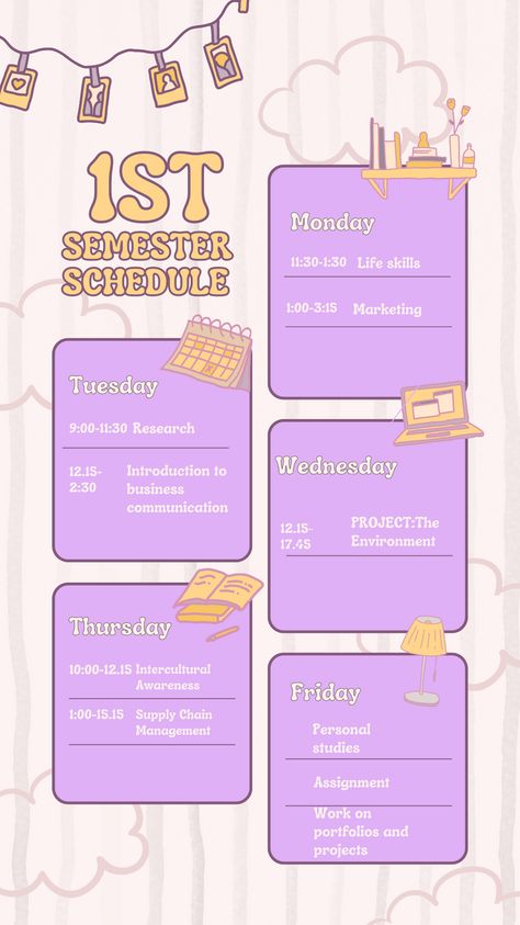 Customised a template on canvas to create this beautiful lilac themed schedule for my first period of my first semester in uni abroad folder. Period Schedule, Semester Schedule, First Period, Business Communication, Freshman Year, Life Skills, Books To Read, Communication, Period