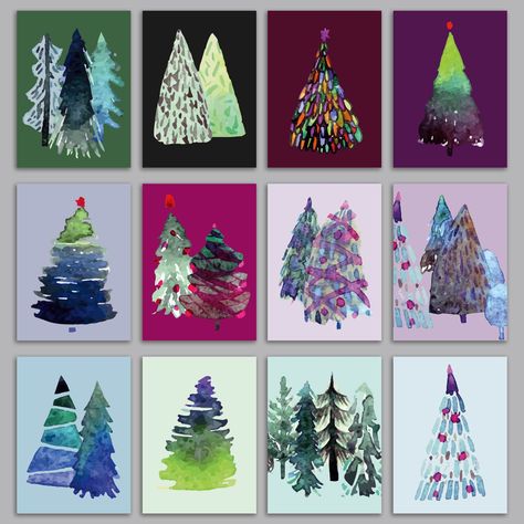 This set of festive trees in rich jewel tones is a symphony of artful watercolor style strokes. With twelve designs in this 24-pack, each card captures the essence of winter's magic, from the intricate patterns of snow-laden branches to the shimmering allure of holiday lights. Rooted in tradition yet touched by modern artistry, this collection exudes timeless elegance. Perfect for those who cherish the holidays, it's a tasteful way to convey warm wishes and seasonal joy to a broad audience. Cele Cat Christmas Cards, Christmas Tree Canvas, Watercolor Christmas Tree, Leaf Cards, Watercolor Tree, Homemade Christmas Cards, Watercolor Christmas Cards, Christmas Tree Cards, Tree Cards