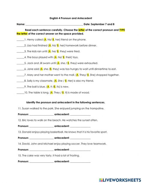 Pronoun Antecedent Agreement Worksheet, Pronoun Antecedent Agreement, Esl Ideas, Classroom Awards, English Collocations, Spelling Worksheets, Algebra Worksheets, Complex Sentences, Social Studies Worksheets