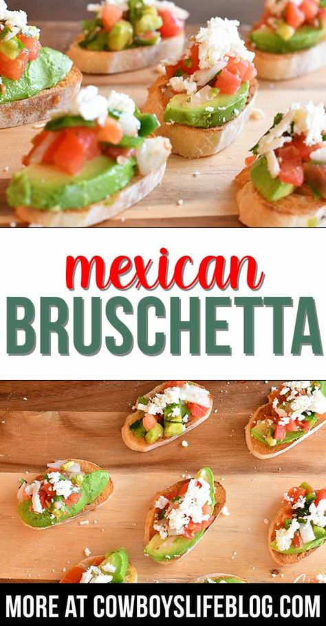 Party Bruschetta, Mexican Bruschetta, Bruschetta Appetizers, Mexican Finger Foods, Appetizers Appetizers, Easy Bruschetta Recipe, Mexican Food Recipes Appetizers, Mexican Appetizers, Wedding Appetizers