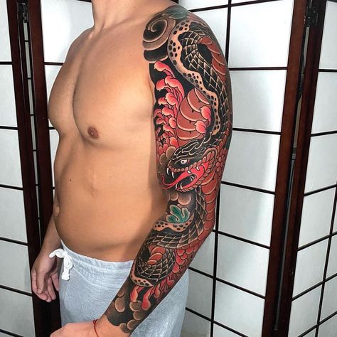 Japanese Snake Sleeve, Japanese Snake Tattoo Design, Snake Tattoo Sleeve, Irezumi Snake, Arm Tattoos With Meaning, Arm Tattoos Japanese, Japanese Forearm Tattoo, Traditional Japanese Tattoo Sleeve, Japanese Snake