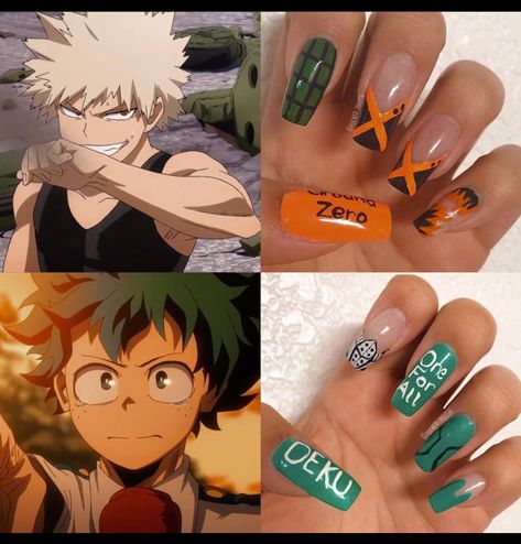 Anime Nails My Hero Academia, My Hero Academia Nail Art, My Hero Academia Nails Acrylic, Deku Nails, Bakugou Nails Art, My Hero Academia Inspired Nails, Bakugou Nails, Bakugo Nails, My Hero Academia Nails