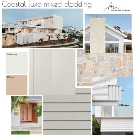 Coastal Chic Exterior, Facade Mood Board, Modern Coastal Exterior, Coastal Facade, Greek Style Home, House Hamptons, Style Sourcebook, Coastal Home Exterior, Mid Century Modern Palm Springs