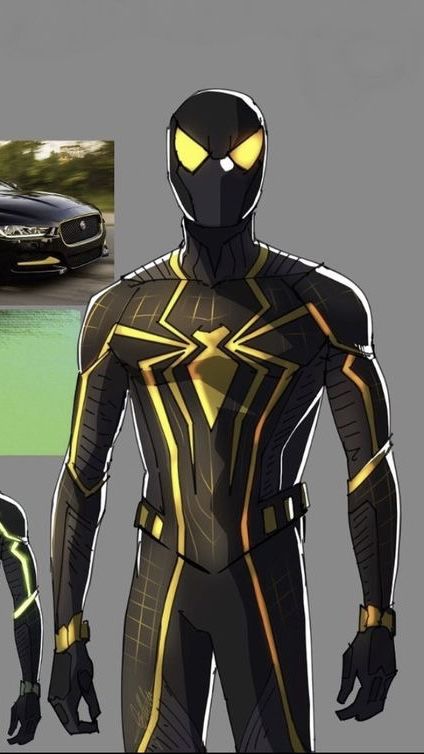 Black And Yellow Spiderman Suit, Spiderman Suit Design Concept, Venom Oc Male, Spider Man Oc Suits, Spiderman Oc Male, Spiderman Suit Designs, Spidersona Design, Spider Suits, Spidersona Oc