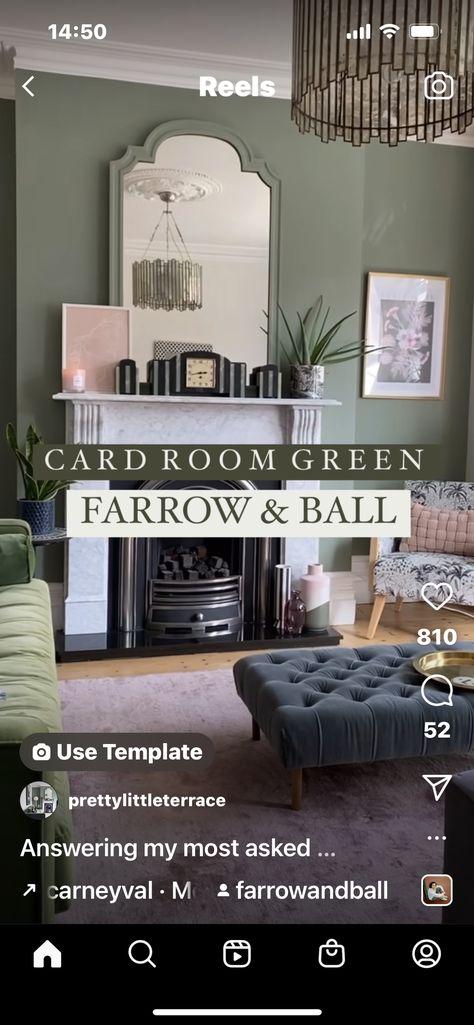 Spare Bedroom Study Ideas, Cardroom Green Farrow Ball, Card Room Green Farrow And Ball, Hallway Decorating Colours, Georgian Living Room, Card Room Green, Farrow And Ball Living Room, Card Room, Georgian Interiors