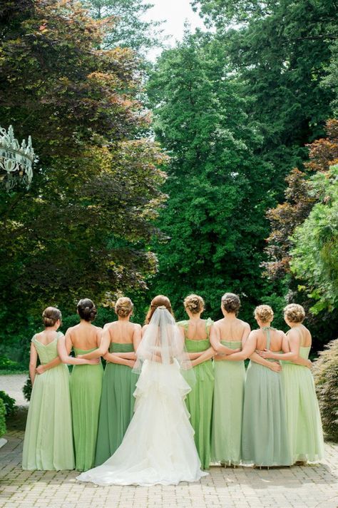 Mismatched green bridesmaid dresses. Bride And Her Bridesmaids, Green Themed Wedding, Mismatched Bridesmaids, Baltimore Wedding, Wedding Color Inspiration, Wedding Palette, Green Dresses, Green Bridesmaid, Green Bridesmaid Dresses