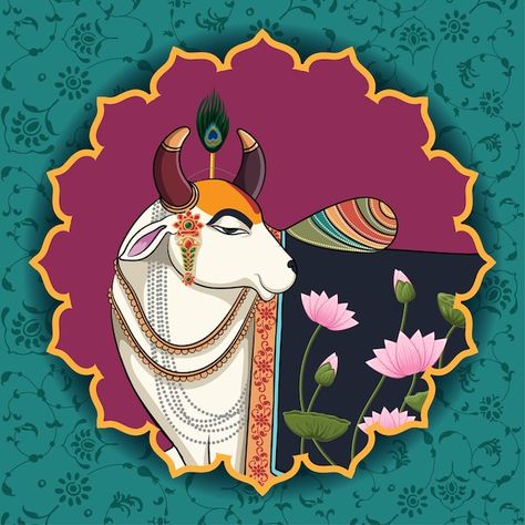 Indian traditional cow portrait painting... | Premium Vector #Freepik #vector #traditional-background #spiritual-background #indian-background #indian-traditional Indian Traditional Drawing Ideas, Indian Cow Painting, Dolly Paintings, Hamper Inspiration, Traditional Paintings Indian Folk Art, Indian Art Paintings Traditional, Pichwai Background, Pichwai Paintings Cows, Mandir Wallpaper