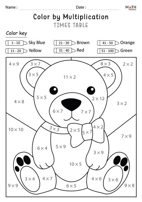 Color By Multiplication, Maths Colouring Sheets, Grade 5 Math Worksheets, Times Tables Worksheets, Easy Math Activities, Math Coloring Worksheets, Multiplication Activities, Math Pages, Mathematics Worksheets