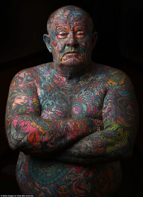 The 60-year-old's body is covered in ink to remind himself of a tumultuous life that began with fleeing a violent home at age seven Guy Covered In Tattoos, Man Covered In Tattoos, Body Covered In Tattoos, Covered In Tattoos, Eyeball Tattoo, Body Makeover, Full Body Tattoo, Men's Tattoos, Body Tattoo