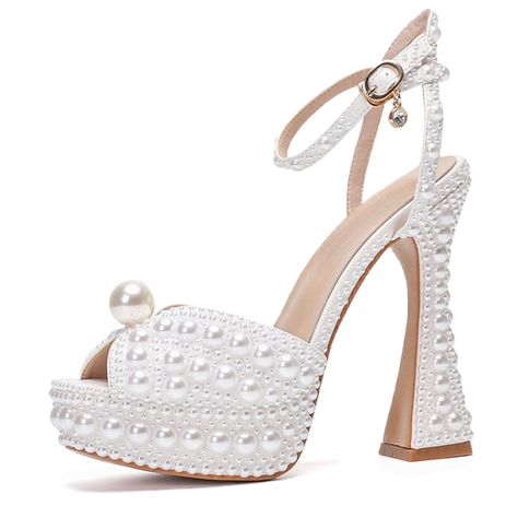 PRICES MAY VARY. Elevate your bridal look with these stunning Pearl Heels. The 4.5-inch heel adds grace, elegance, and height for a glamorous walk down the aisle. Adorned with elegant pearls, these Bridal Shoes exude luxury and timeless beauty, perfectly complementing your bridal ensemble. Designed with a rounded toe, these Platform sandals offer a comfortable and stylish fit, adding a touch of sophistication to your overall appearance. With a sturdy waterproof platform and chunky heel, these we Wedding Shoe Wedge, Block Heel Wedding Shoes Brides Comfortable, High Heels With Pearls, Platform Wedding Shoes, Pearl Heels, Elegant Wedding Shoes, Wedding Shoes Platform, Wedge Wedding Shoes, Iconic Shoes