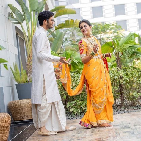 Maharashtrian Groom Outfit Dhoti, Yellow Nauvari Saree Brides, Maharashtrian Bride And Groom Outfits, Maharashtrian Bride, Marathi Bride, Pretty Dresses Casual, Marathi Wedding, Bridesmaid Photoshoot, Wedding Outfits For Groom