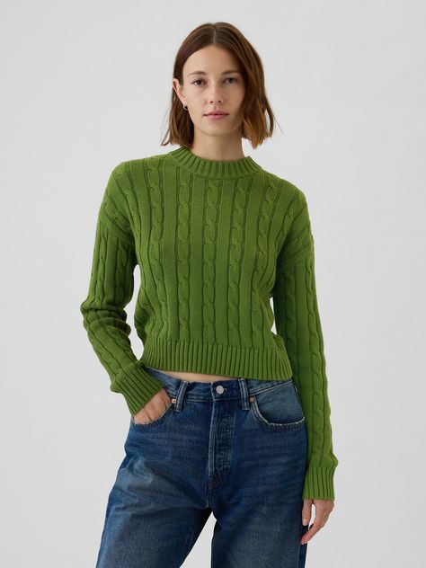 Soft cotton cable-knit cropped sweater.  Crewneck.  Long sleeves.  Fit: Relaxed.  A straight & easy fit.  Style Note: For a Classic fit, go down one Green Sweater Women, Baggy Outfit Ideas, Bright Sweater, Hand Knitted Sweaters, Fall Sweaters, Fitted Sweater, Green Sweater, Jumpers For Women, Cotton Sweater