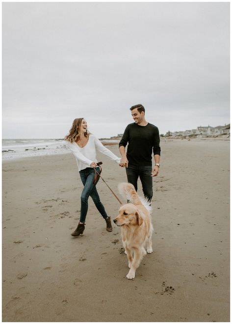 A Rye Beach Engagement Session in Rye, New Hampshire - Scarlet Roots Photography Engagement Picture With Dog, Engagement Photo Poses With Dog, Engagement Session With Dog, Beach Engagement Photos With Dog, Couple With Dog Photography, Couples With Dogs Photography, Couples With Dog, Engagement Shoot With Dog, Engagement Pictures With Dog