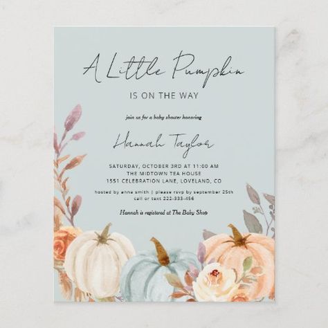 Budget Blue Pumpkin Fall Baby Shower Invitation for $1.27 - Baby Shower Invitations October Baby Showers, Fall Baby Shower Invites, October Baby, Blue Pumpkin, Elegant Baby Shower, Blue Pumpkins, Floral Baby Shower Invitations, Boy Baby Shower Themes, Baby Shower Pumpkin