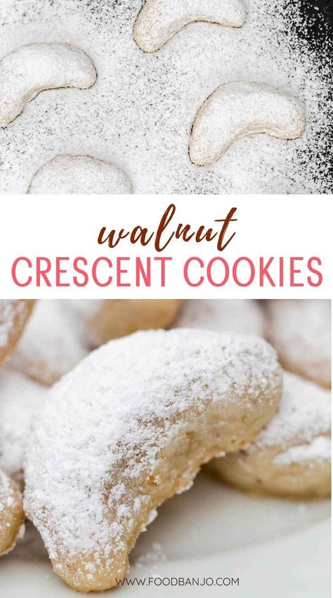 walnut crescent cookies with powdered sugar Walnut Crescent Cookies Recipe, Crescent Roll Cookies, Powdered Sugar Cookies, Walnut Cookie Recipes, Almond Crescent Cookies, Healthy Christmas Cookies, Fall Cookie Recipes, Crescent Cookies, Christmas Cookie Recipes Holiday