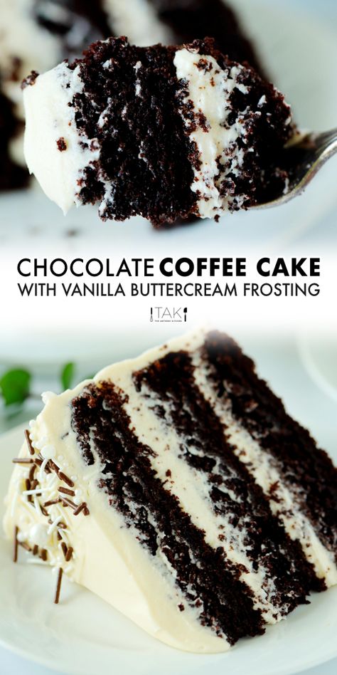 A simple recipe for Chocolate Coffee Cake that mixes up easily in just one bowl and bakes into a rich, chocolatey masterpiece with a decadently moist and tender crumb. Spread it with a thick, fluffy buttercream frosting for a cake no chocolate lover could deny! The best chocolate dessert for birthdays, holidays, and potluck parties! Chocolate Coffee Cake Recipes, Coffee Chocolate Cake, Fluffy Buttercream, Chocolate Coffee Cake, Chocolate Cake With Coffee, Torte Cupcake, Recipes Savory, Oreo Dessert, Coffee Cake Recipes