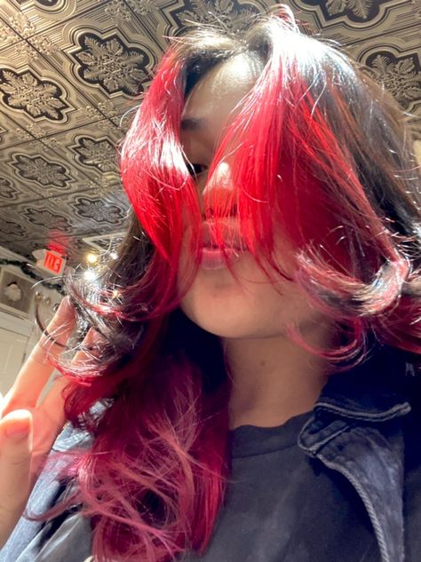 Red Hair, Pink hair, dyed hair, hair, short hair, layers, layered hair, short layers, shoulder length hair, hair color Layered Hair With Dyed Tips, Red Layered Hair, Pinkish Red Hair, Underdye Hair, Cool Hair Designs, Dyed Tips, Drake Bell, Black Cherries, New Year Hairstyle