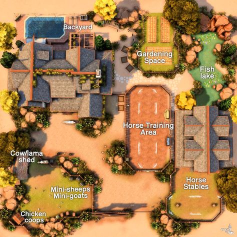 X Huge Farmhouse, Courtyard Oasis, Desert Luxe, Sims 2 House, Sims 4 Cottage, Farmhouse Layout, Lotes The Sims 4, Sims Freeplay Houses, Sims 4 Challenges