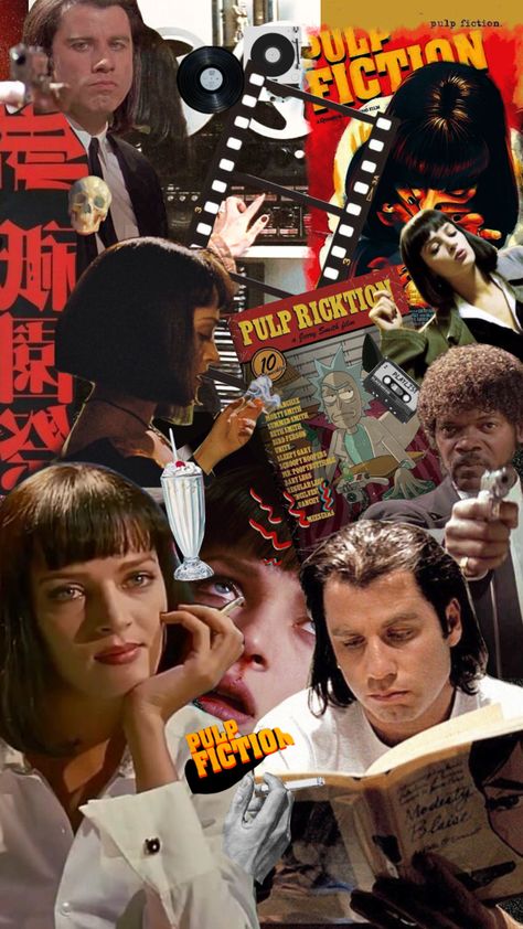 pulp fiction #myfirstshuffle #scrapwhileitestthisout #pulpfiction Pulp Fiction Lockscreen, Pulp Fiction Collage, Movie Collage Wallpaper, Old Film Aesthetic, Pulp Fiction Wallpaper, Pulp Fiction Aesthetic, Movie Poster Collage, Hd Quality Wallpapers, Pulp Fiction Poster