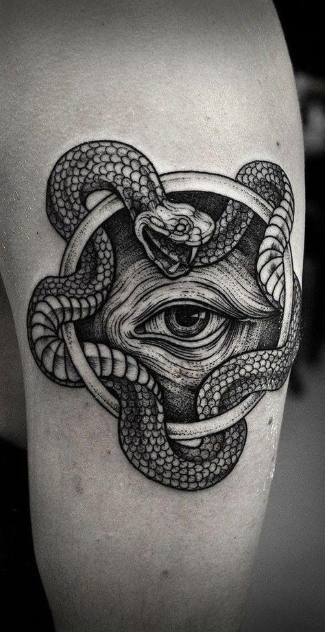 Male Neck Tattoo Ideas, 3rd Eye Tattoo Men, Jormungandr Tattoo, Dark Feminine Tattoos, Tato Tradisional, Eye Tattoos, Tattoo Band, Ouroboros Tattoo, Snake Tattoo Design